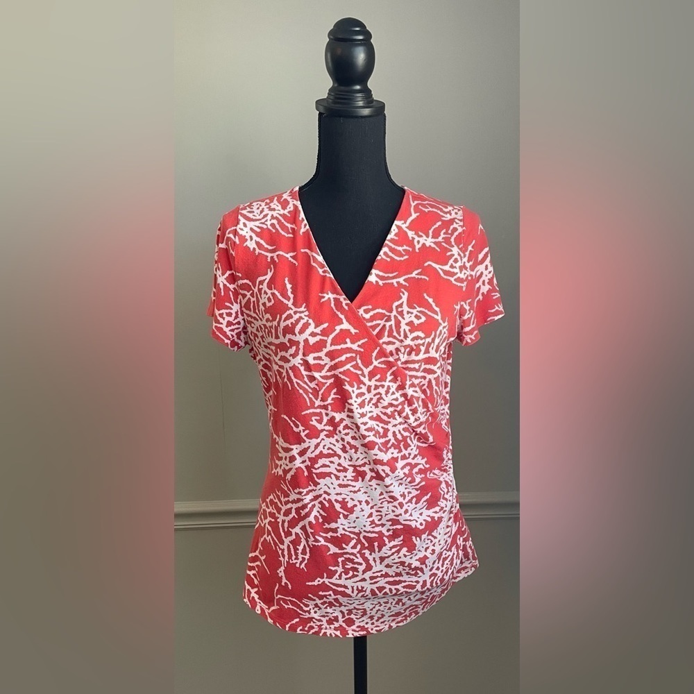 Talbots Red White V Neck Short Sleeve Top Blouse Size M